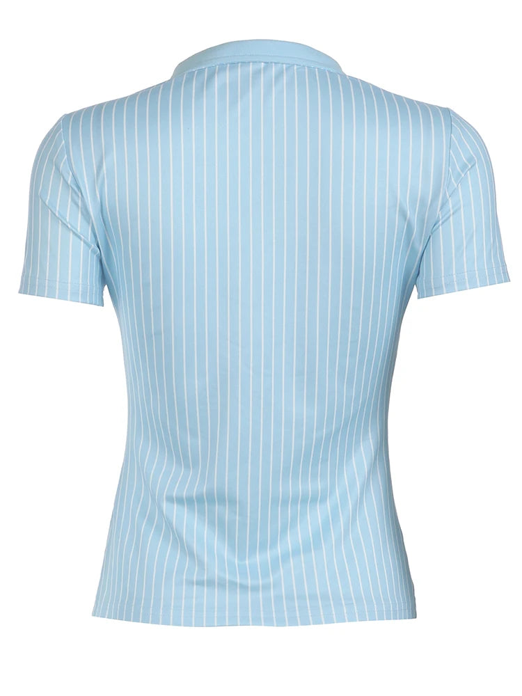 Blue Stripe Short Sleeve Shirts For Women Button Up Turn Down Collar Slim Simple Casual Preppy Tops Basic Summer Tees