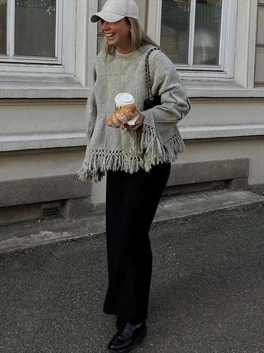 Suéteres vintage con borlas plisadas y lisas para mujer, suéter de punto holgado informal, tops elegantes de calle de otoño para mujer