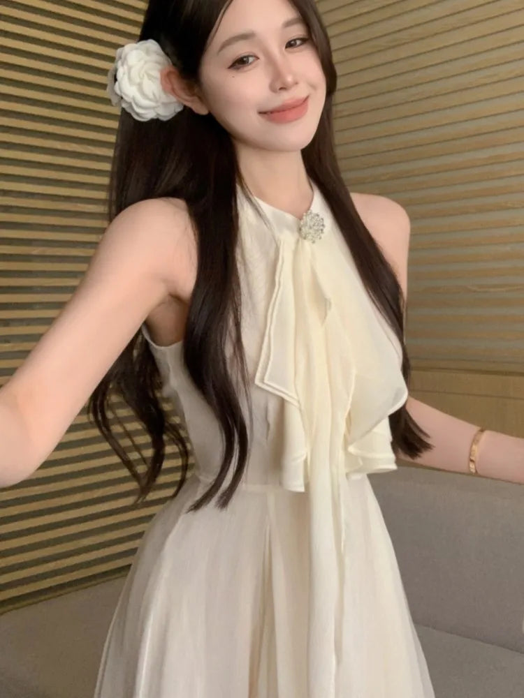 Elegante vestido corto con volantes y cuello halter para mujer, sin mangas, corte en A, sexy, para fiesta de noche, graduación, estilo coreano chic