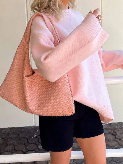 Suéter de punto rosa para mujer, jersey de manga larga, moda suelta, patchwork, lindo Y2k, top de punto elegante para mujer, nuevo