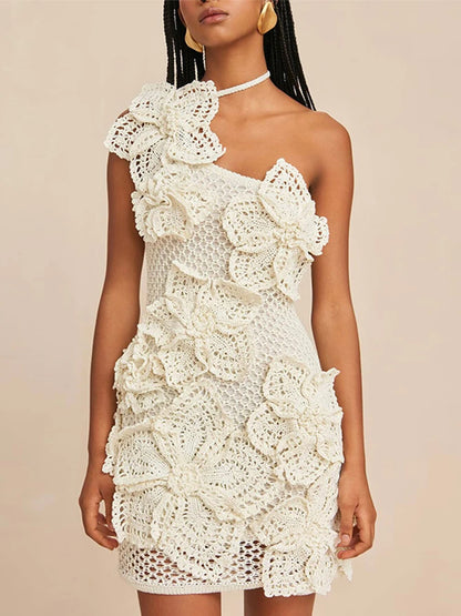 Vestido mini de punto con flores en 3D para mujer, sexy, ajustado, con aberturas en la cadera, cuello halter, para playa, fiestas y vacaciones.