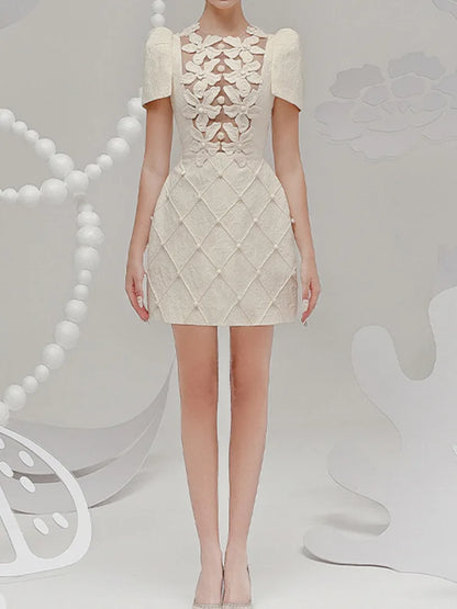 Elegante vestido corto estilo europeo con estampado floral 3D, cuello redondo, cuentas huecas, moda para mujer, primavera-verano 2025, 1346