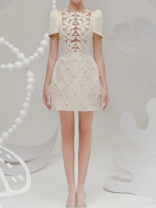 Elegante vestido corto estilo europeo con estampado floral 3D, cuello redondo, cuentas huecas, moda para mujer, primavera-verano 2025, 1346