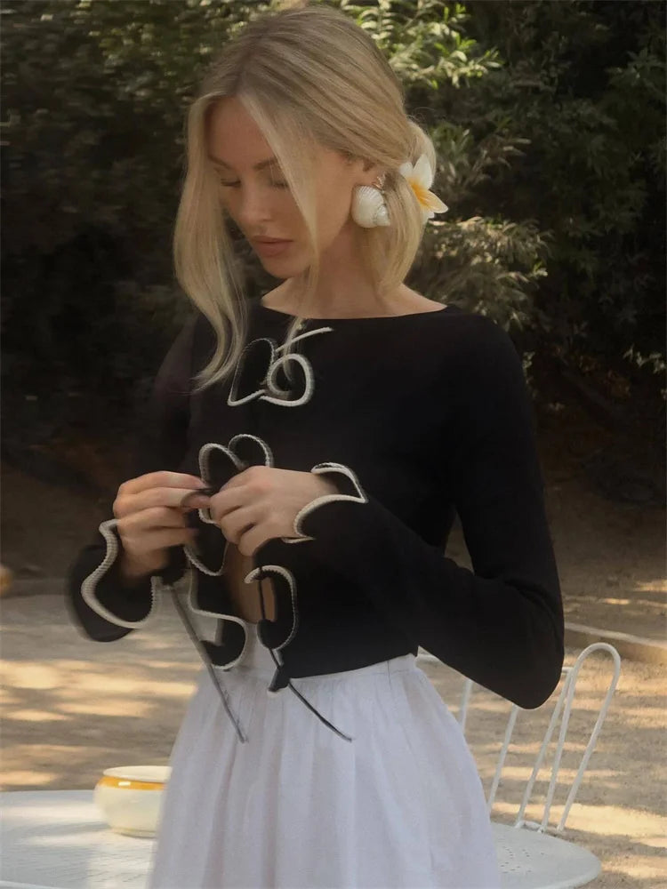 Suéter de punto con volantes, cárdigan femenino con cordones, patchwork, manga larga, abrigo corto, ropa de calle, otoño, prenda de punto para mujer