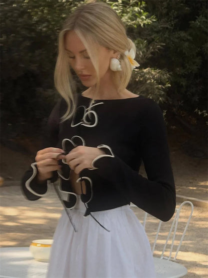 Suéter de punto con volantes, cárdigan femenino con cordones, patchwork, manga larga, abrigo corto, ropa de calle, otoño, prenda de punto para mujer