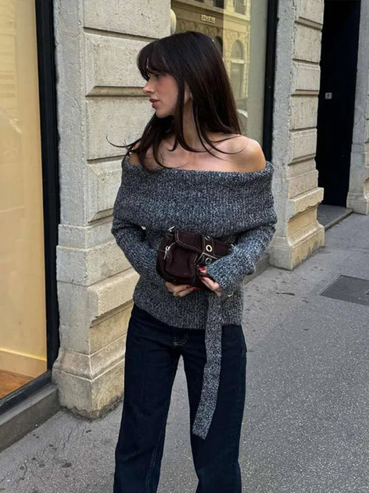 Suéter vintage con hombros descubiertos y cinturón para mujer, elegante suéter de punto liso grueso de manga larga, ropa de punto urbana elegante de invierno para mujer