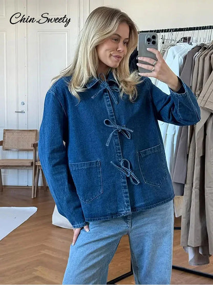 Camisa vaquera con cordones para mujer, blusa holgada de manga larga con solapa y cuello alto, primavera 2025