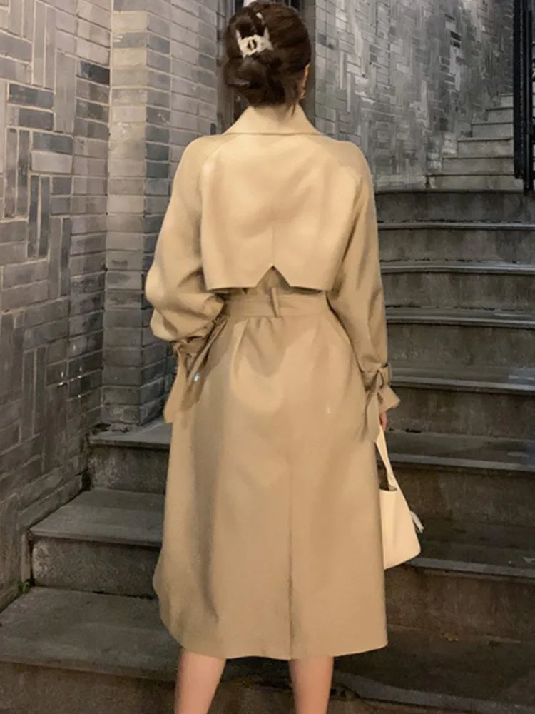Autumn Winter Khaki Long Trench Coat for Women  Jacket Elegant Outerwear Turn-down Collar Tie Belt Korean Chic Windbreaker