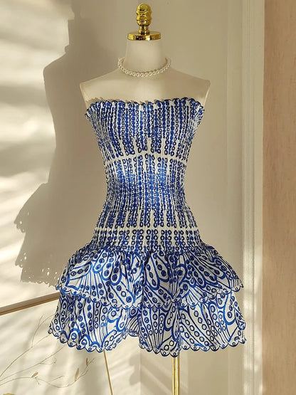 Elegante vestido mini con bordado recortado para mujer, sin tirantes, hombros descubiertos, cintura alta, ropa femenina, verano 2025, 23A430