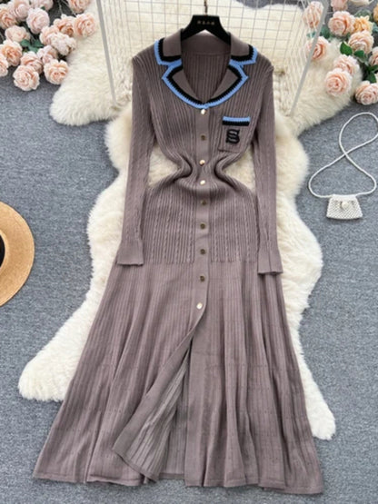 Vestido elegante de punto para mujer, primavera otoño, manga larga, sexy, cuello en V, ajustado, corte en A, suéter de una sola botonadura