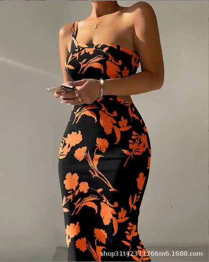 Vestidos estampados de un solo hombro con tirantes finos para mujer, vestidos sexis con abertura en la espalda, paquete de cadera, vestido ajustado, moda para dama, vestidos modernos para mujer