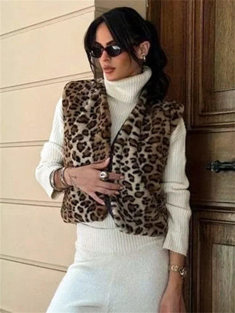 Leopard Printed V-Neck Vestidos Coat Female Contrast Printed Streetwear Cropped Top Loose Autumn Commute Outwear Cardigan