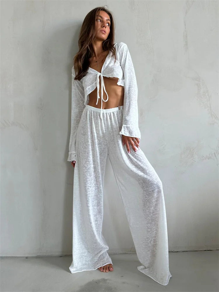 Conjunto informal de dos piezas para mujer, con cuello en V, manga larga con cordones y pantalones de cintura alta.