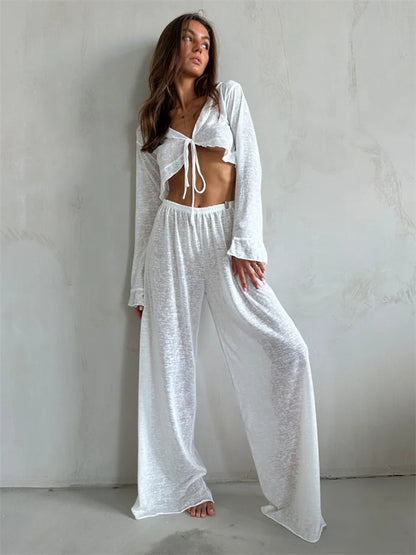 Conjunto informal de dos piezas para mujer, con cuello en V, manga larga con cordones y pantalones de cintura alta.