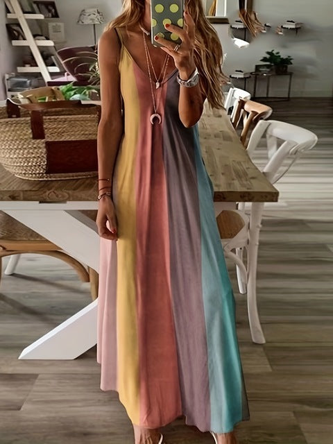 Vestidos de tirantes finos con estampado de degradado de color para mujer, moda de verano, cuello en V, estilo de vacaciones de playa, vestidos largos de línea A para mujer
