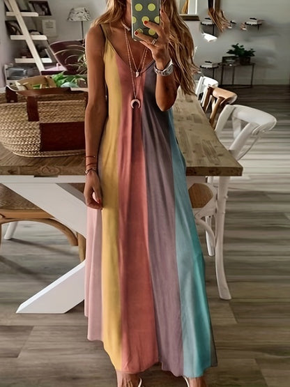 Vestidos de tirantes finos con estampado de degradado de color para mujer, moda de verano, cuello en V, estilo de vacaciones de playa, vestidos largos de línea A para mujer