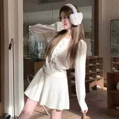 Conjuntos de punto de 2 piezas estilo preppy de otoño para mujer, top de manga larga con cuello redondo y minifalda plisada, moda coreana, trajes casuales, nuevo traje