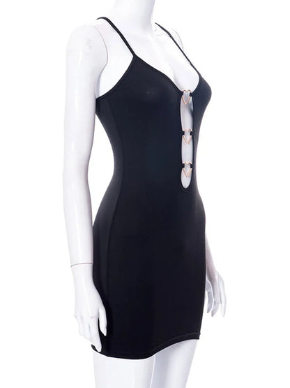 Vestido negro con anillo de corazón para mujer, traje de club de una pieza, vestido de noche sexy con agujeros, vestido de tirantes finos súper corto.