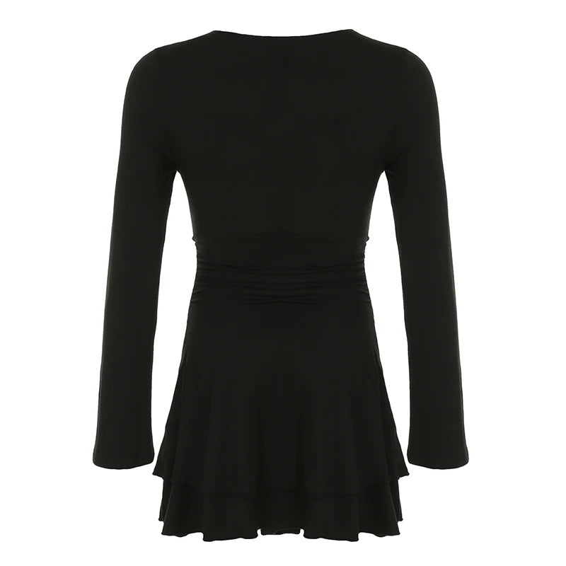 Black Slim V-Neck Low-Cut Long Sleeve Dresses Sexy Basic Women s New Clothes Tierred Ruched Short Vestido