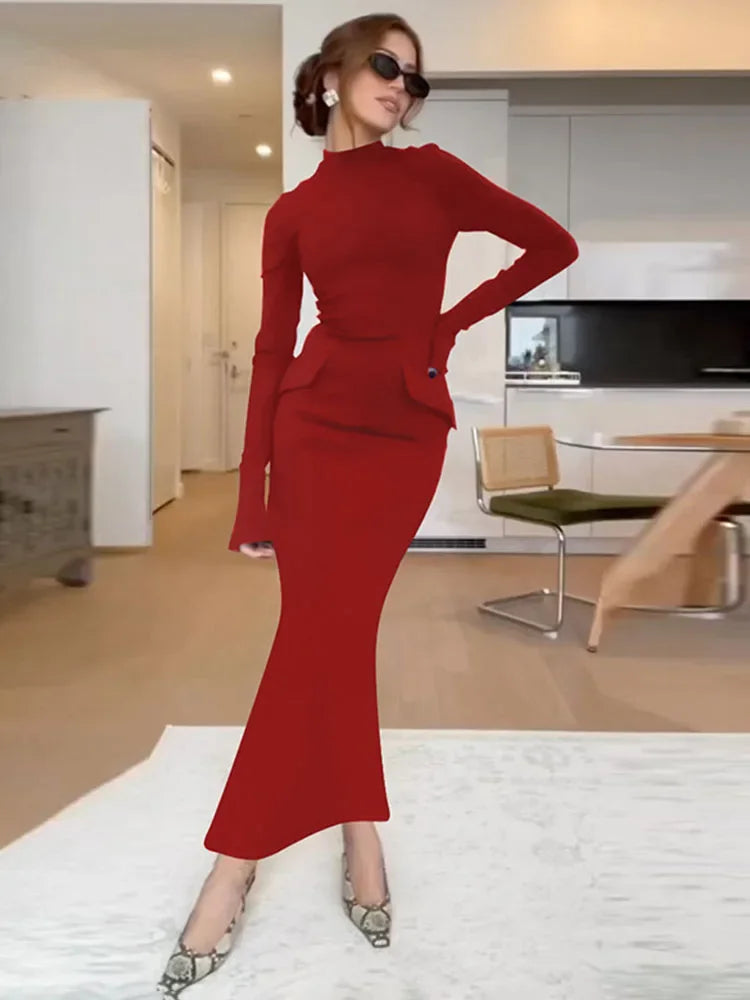 Half Turtleneck Long Sleeves Maxi Dress Fashion Office Lady Clothing Back Slit Gown Dress Female Solid Streetwear Autumn