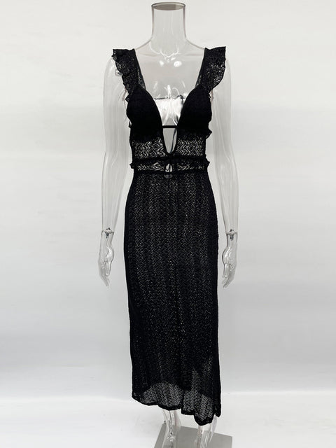 Knit V-Neck Fashion Maxi Dress Women’s Slim High Waist See-Through Patchwork Bandage Backless Dress Female Knitwear Dress