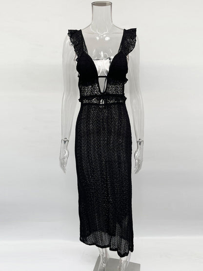 Knit V-Neck Fashion Maxi Dress Women’s Slim High Waist See-Through Patchwork Bandage Backless Dress Female Knitwear Dress