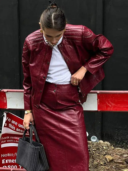 PU Leather Jackets Long Skirts Women’s Set Vintage Solid O-Neck Jackets A-Lined Slim Fit Skirt Sets Female Chic Street Outfits