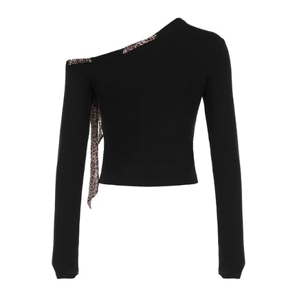 Blusa Y2k de manga larga ajustada con cuello oblicuo y estampado de leopardo con cordones para otoño