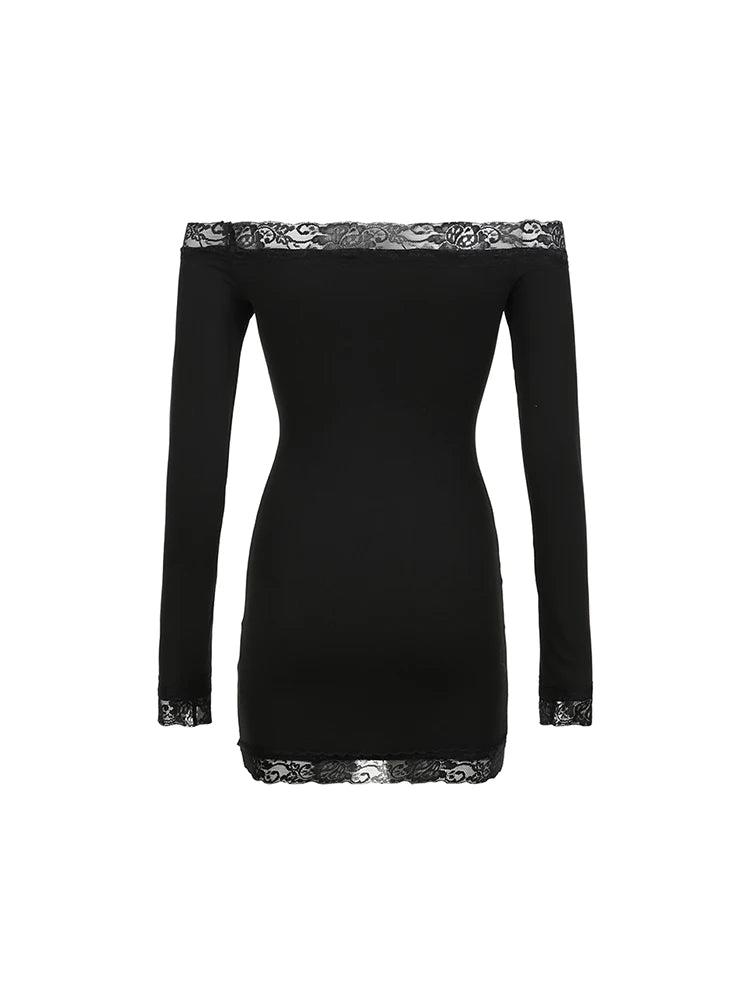 Vestido corto negro de manga larga con hombros descubiertos y ribete de encaje liso y ajustado para mujer, elegante y sexy para fiesta