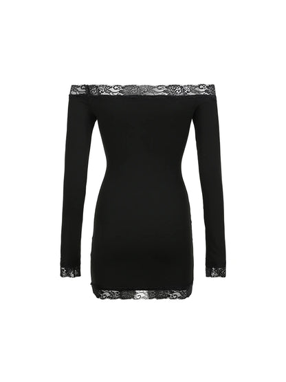 Vestido corto negro de manga larga con hombros descubiertos y ribete de encaje liso y ajustado para mujer, elegante y sexy para fiesta