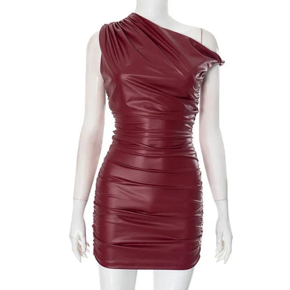 Faux Leather Skew Collar Mini Dress For Women Sexy Twist Sleeveless Ruched Dress Slim Fit Female Club Party Streetwear