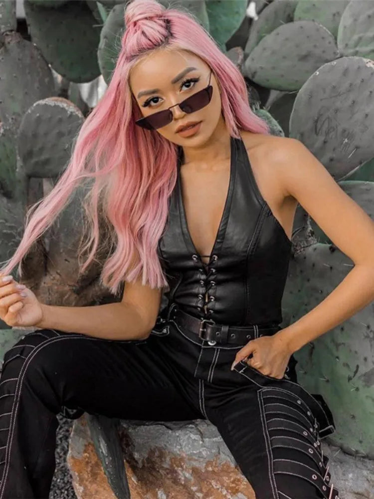 Summer Fashion Sexy Solid Color Tank Top Casual PU Hollowed Out Lace-Up Section Y2k Top Slim V-Neck Sleeveless Edgy Clothes Y2k