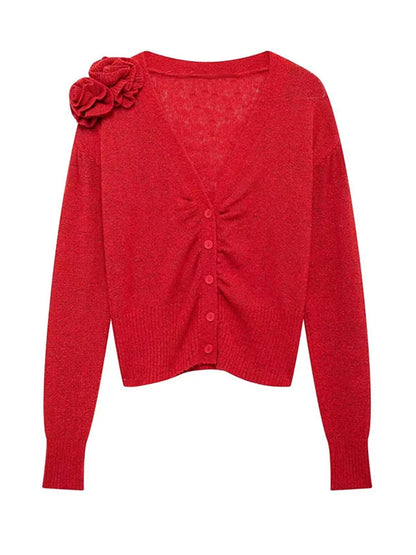 Vintage Knitted 3D Flowers Cardigan Women Retro Solid V-neck Slim Long Sleeve Short Sweaters Female Spring Chic Street Knitwear