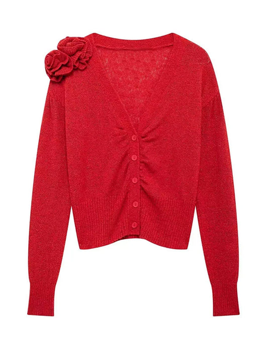 Vintage Knitted 3D Flowers Cardigan Women Retro Solid V-neck Slim Long Sleeve Short Sweaters Female Spring Chic Street Knitwear