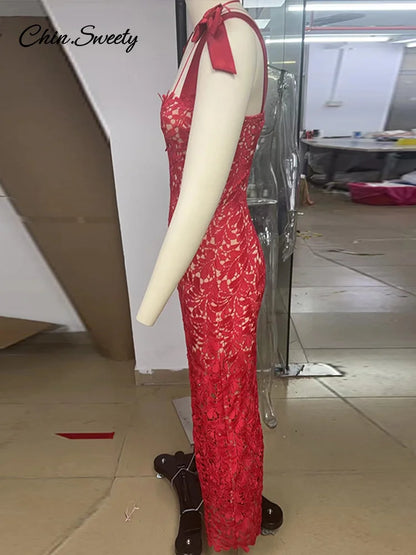 Sexy Red Hollow Out Long Party Dress Women Lace Up Slim Hip Package Sleeveless Dresses 2025 Lady Christmas Evening Robes New