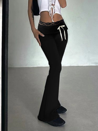 Pantalones acampanados de cintura alta con ribete de encaje sólido Hotsweet Y2k para mujer, pantalones básicos de moda casuales de moda