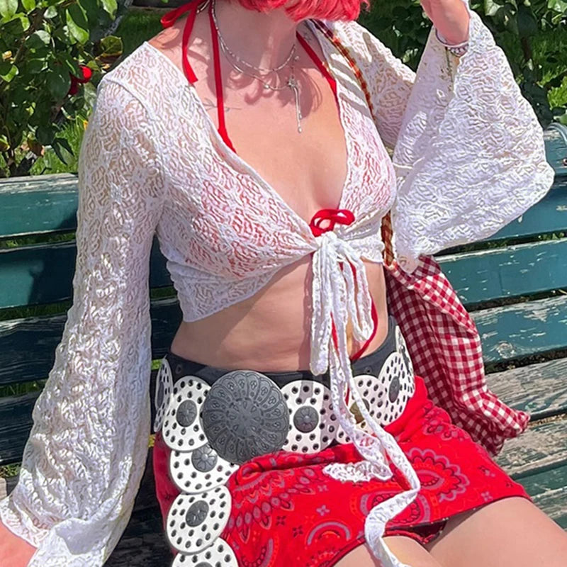 Cárdigan con mangas acampanadas y protector solar para mujer, moda Y2K, cuello en V, top corto, ropa de calle, camiseta blanca de punto con cordones