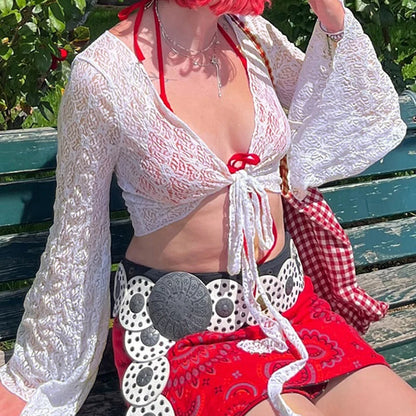 Cárdigan con mangas acampanadas y protector solar para mujer, moda Y2K, cuello en V, top corto, ropa de calle, camiseta blanca de punto con cordones