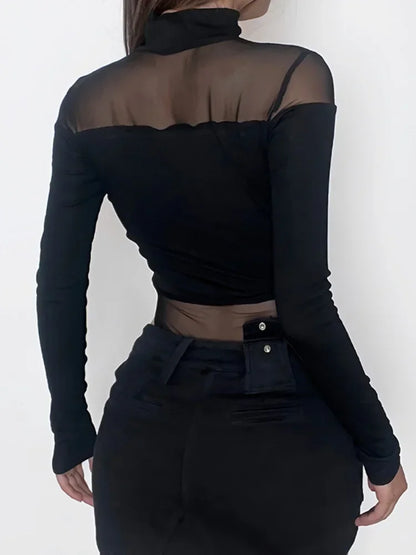 One-piece mesh cut-out solid colour Bodysuit Sexy Fashion High Neck Long Sleeve Festival Outfit Slim Casual Knit Lingerie Sexy