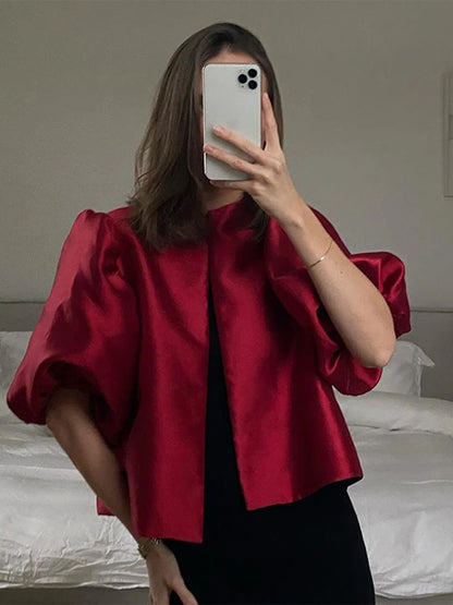 Blusas elegantes con mangas abullonadas y cuello redondo para mujer, estilo vintage, holgadas y lisas, con una sola botonadura, para verano