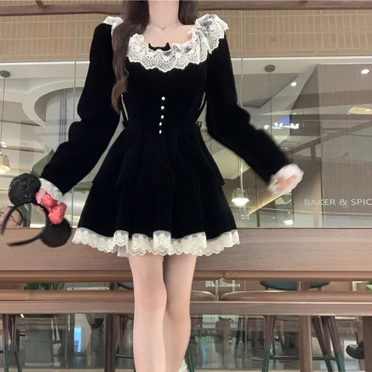 Vestido Y2K para mujer, ropa estética, con encaje, escote redondo, manga larga, corte A, minivestido de terciopelo, vestidos de fiesta, ropa de calle
