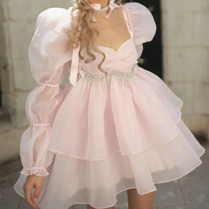 Vestido de princesa de tul con mangas abullonadas estilo kawaii para mujer, minivestido vintage con hombros descubiertos y cuello cuadrado, de malla abullonada, para fiesta, graduación y noche.