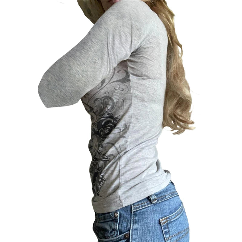 Y2k Fairy Grunge Tops góticos estéticos con estampado floral, cuello en V, camiseta de manga larga para mujer, ropa deportiva básica, ropa de calle