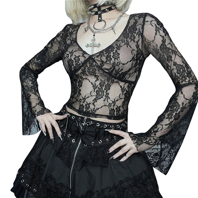 Camisetas Cyber Y2K para mujer, estética, transparente, con encaje floral, acampanadas, de manga larga, estilo gótico grunge de los años 2000, ropa urbana