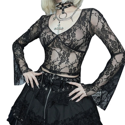 Camisetas Cyber Y2K para mujer, estética, transparente, con encaje floral, acampanadas, de manga larga, estilo gótico grunge de los años 2000, ropa urbana
