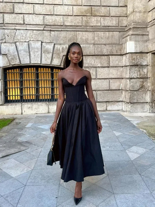 Vestido negro elegante para bodas, eventos, sexy, sin tirantes, con corsé, vestido midi para fiesta de Navidad, ropa para mujer.