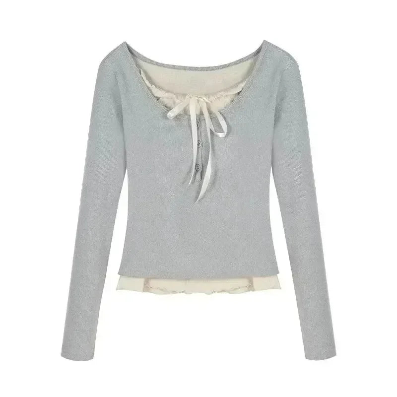 T-shirts Women Slim Sweet College Fashion Korean Spring Soft Leisure Cropped Spliced Designed  New Arrival Daily Casual