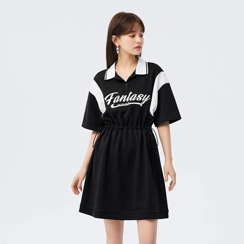 Dress Women’s Letter Contrast Loose Short Dress  Summer New Retro Waist Polo Dress