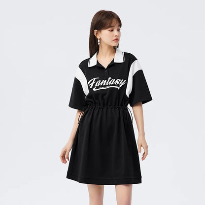 Dress Women’s Letter Contrast Loose Short Dress  Summer New Retro Waist Polo Dress