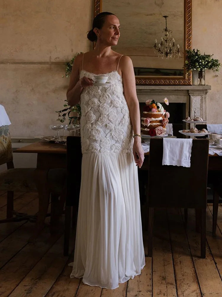 Elegante vestido largo con tirantes florales en 3D para mujer, estilo retro blanco, sin espalda, plisado, para noche, para mujer, elegante vestido de fiesta callejera de primavera.
